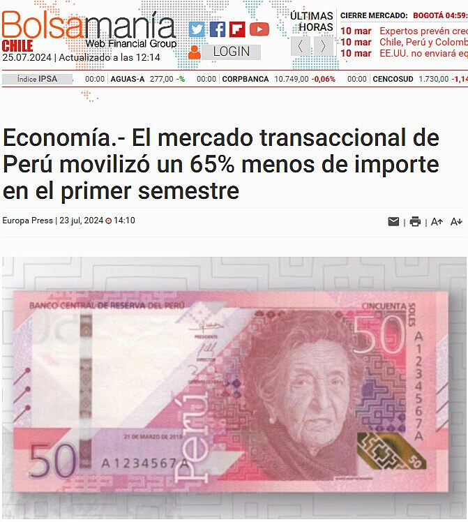 Economa.- El mercado transaccional de Per moviliz un 65% menos de importe en el primer semestre